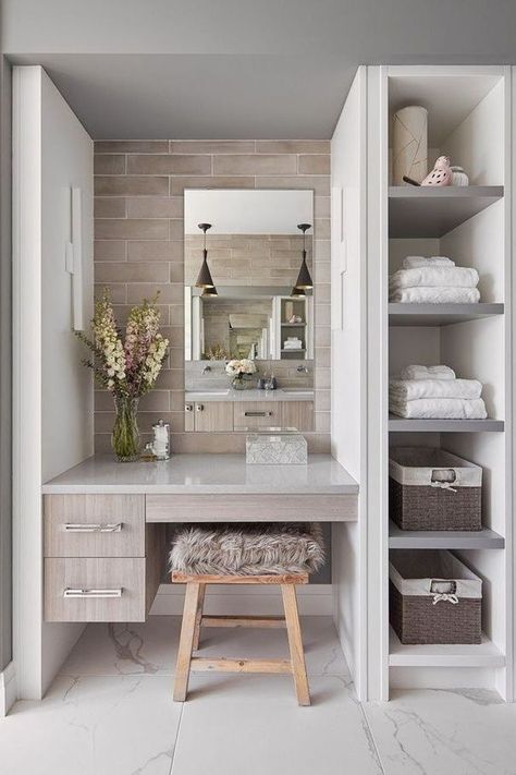 Closet To Bathroom, Closet With Vanity, Glam Rooms, Stylish Bathroom Design, Vanity Nook, Bathroom And Walk In Closet, Bedroom With Walk In Closet, Bedroom With Bathroom, Closet Vanity