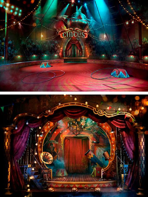 Circus Set Design, Halloween Stage Design, Carnival Aesthetic Vintage, Vintage Circus Aesthetic, Medieval Carnival, Fantasy Circus, Conception Scénique, Midnight Circus, Scenic Design Theatres