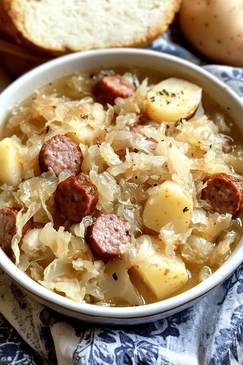 Sauerkraut And Sausage, Sausage Sauerkraut, Chicken Fajita Casserole, Sausage Crockpot, Crock Pot Potatoes, Polish Sausage, Sausage Potatoes, Winter Dishes, Sausage Soup