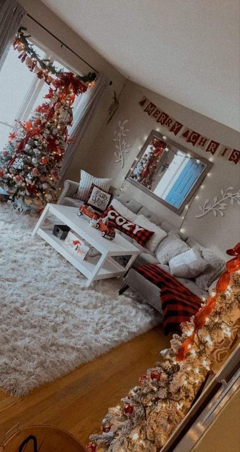 Xmas Apartment Decorations, Christmas Light Around Tv, Christmas Decorated Apartments, Small Apartment Christmas Decor Ideas Traditional, Simple Christmas House Decor, Christmas Inspo Decor Apartment, Decorating First Home, Open Concept Kitchen Living Room Christmas Decor, Christmas Townhouse Decor