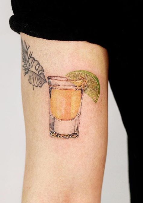 Shot Glass Tattoo Ideas, Tequila Shot Tattoo, Liquor Tattoo, Drink Me Tattoo, Shot Glass Tattoo, Tequila Tattoo, Glass Tattoo, Bubble Tattoo, Anatomical Tattoos