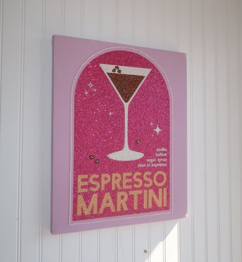 Espresso martini 🍸 kit is available on my website!!!💗⭐️🫶 THIS IS ALSO A 1/1 PRE DONE PIECE AVAILABLE FOR PURCHASE Gem Canvas Art Ideas, Rhinestone Painting Ideas, Rhinestone Painting Aesthetic, Glitter Painting Canvas, Gem Canvas Art, Bedazzled Wall Art, Bedazzled Painting, Rhinestone Canvas Art, Glitter Canvas Art