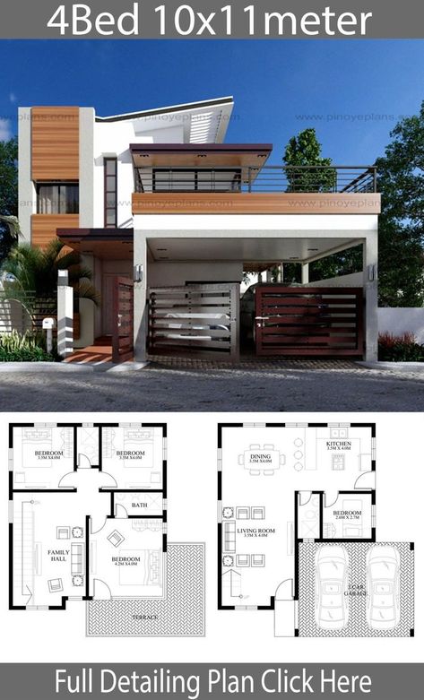 Modern home design 10x11m with 4 bedrooms - House Idea You are in the right place about house Here w… | 2 storey house design, Duplex house design, House blueprints Philippines House Design, Two Story House Design, Pelan Rumah, Eksterior Modern, 2 Storey House Design, 2 Storey House, Two Story House, House Plan Gallery, Sims House Plans