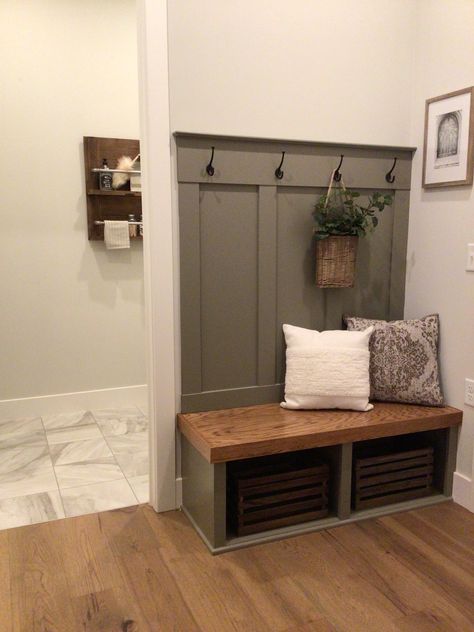 Small Entryway Hall Tree, Mudroom Small Bench, Hall Tree Built Into Wall, Small Built In Drop Zone, Bench Front Entryway, Small Mudroom Ideas Entryway Farmhouse, Modern Mudroom Hall Tree, Mudroom Furniture Small Spaces, Drop Center Entryway