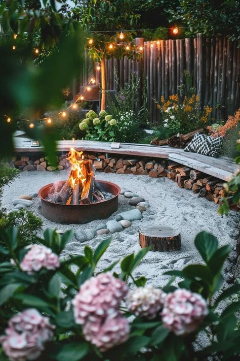 Discover unique DIY sunken fire pit ideas to transform your backyard into a cozy retreat perfect for gatherings and quiet nights under the stars. Sand Fire Pit, Front Yard Fire Pit, Garden With Fire Pit, Sand Fire Pits, Sunken Fire Pit, Fire Pit Ideas Backyard, Ranch Cottage, Outdoor Firepits, Farm Landscaping