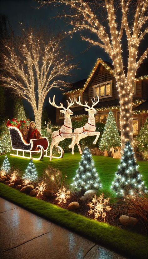 Christmas Light On Trees Outdoor, Christmas Lights In Outdoor Trees, Front Yard Christmas Light Display, Christmas Decor Ideas For Front Yard, Outdoor Light Christmas Tree, Christmas Tree Front Yard, Christmas Decoration Front Yard, Christmas Front Yard Decorations, Christmas Front Yard Ideas