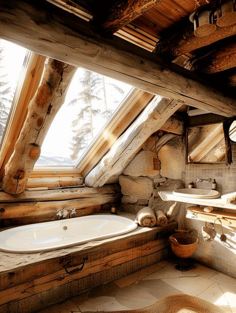 Log Cabin House Interior, Cabin Bathroom Aesthetic, Log Cabin Modern Bathroom, Modern Log Cabin Homes, Log Cabin Homes Interior Bathroom, Shower Cabin And Bath Tub, Log Cabin Master Bath, Cozy Cabin Bathroom, Rustic Modern Cabin Interior