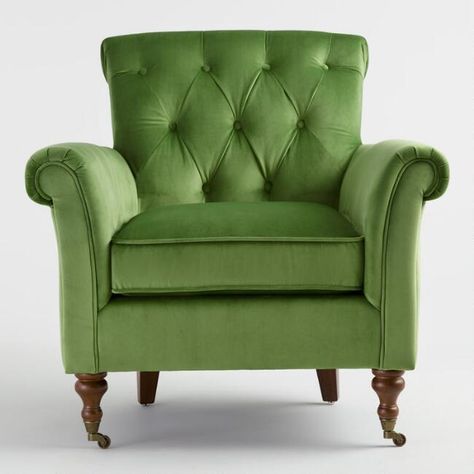 Seating - Our take on the traditional roll-arm chair, Dimitra stands on elaborately turned legs and features plush velvety fabric in a light green hue. With its ... Roll Arm Chair, Round Tufted Ottoman, Blue Velvet Armchair, Green Velvet Armchair, Rolled Arm Chair, Shabby Chic Table And Chairs, Comfy Armchair, Upholstered Swivel Chairs, Green Armchair