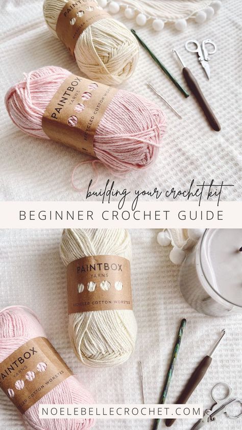 Building your crochet kit, Beginner crochet guide. Photos show recycled cotton yarn, crochet hooks, scissors and and candle laid on a white blanket Diy Crochet Kit, Crochet Kits For Beginners, Crochet Starter Kit, Starter Crochet Projects, Woobles Crochet Kit, How To Start Crocheting, First Crochet Project, Crochet Guide, Jumbo Yarn