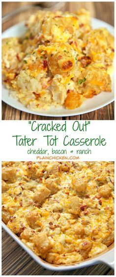 "Cracked Out" Tater Tot Casserole Recipe - easy Cheddar, Bacon and Ranch potato casserole using frozen tater tots. So simple and tastes amazing! The flavor combination is highly addictive!! Can freeze casserole for easy side dish later. Cracked Out Tater Tot Casserole, Ranch Potato Casserole, Frozen Tater Tots, Tater Tot Casserole Recipe, Casserole To Freeze, Chicken Tater Tot Casserole, Cracked Out, Tater Tot Recipes, Tater Tot Casserole Recipes