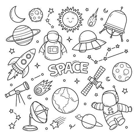 Vector space doodle hand drawn vector cl... | Premium Vector #Freepik #vector #star-doodle #sketch #doodle-illustration #doodle Doodle Art Cartoon Network, Doodling On Wall, Doodle Art Inspiration Sketches, Space Cute Drawing, Space Art Sketch, Space Related Drawings, Space Planets Drawing, Cute Illustrations Doodles, Journaling Doodles Ideas