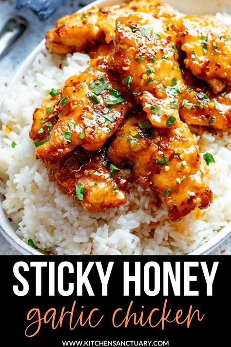 Sticky Honey Lemon Chicken, Quick Chicken Thigh Dinner, Sticky Garlic Chicken, Chicken Ideas For Dinner Easy, Chicken Thigh Chinese Recipes, Chicken Thigh Healthy Recipes, Simple Dinner Recipes Chicken, Chicken Thigh Asian Recipes, Dinner Recipes With Chicken Thighs