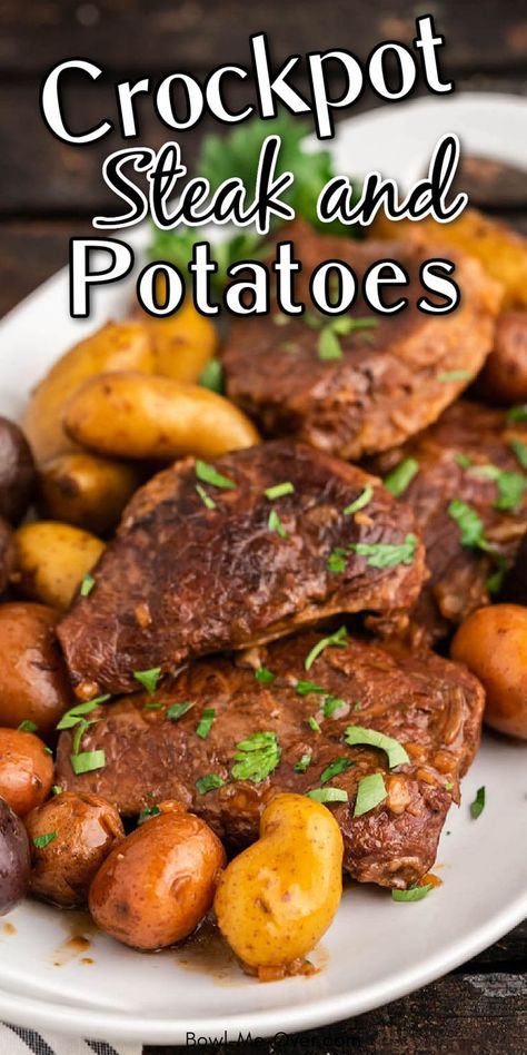 Crockpot steak and potatoes on platter, with Pinterest overlay. Steaks Crockpot Recipes, Crock Pot Beef And Potatoes Recipes, Crock Pot Meal With Potatoes, Crockpot Steak Tips And Potatoes, Tbone Steak In Crock Pot, Beef Crop Pot Recipes, Crockpot Steak Stew Recipes, Crockpot Recipes With Steak, Crockpot Recipes Round Steak