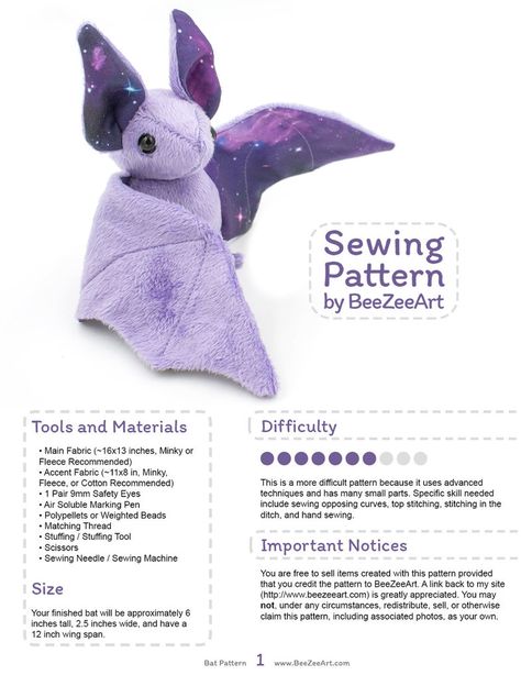 Updated Bat Pattern by BeeZee-Art Tips Menjahit, Fat Quarter Projects, Diy Sy, Sew Projects, Bat Pattern, Animal Sewing Patterns, Sewing Stuffed Animals, Sew Ins, Beginner Sewing Projects Easy