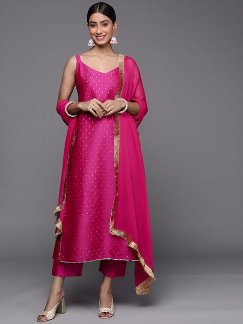 A beautiful women's kurta, trouser/pant, and dupatta set. The kurta showcases a graceful design with intricate patterns and embellishments. The matching trousers/pants are tailored for a comfortable fit, while the dupatta adds a touch of elegance with its complementary color and delicate detailing. This set is ideal for special occasions, offering a complete and stylish ensemble for women. Straight Suit Neck Designs, Straight Kurti Designs Neckline, Wedding Kurta Set For Women, Bandhani Straight Kurti Designs, Sleeveless Straight Kurti Designs, Straight Long Kurti Designs Party Wear, Straight Suits With Pants Indian, Straight Fit Kurti Designs, V Neck Salwar Designs