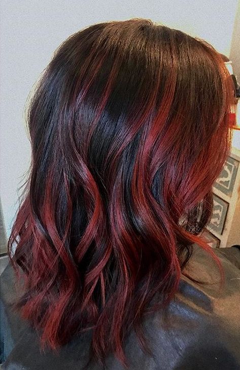 Dark brown and red balayage 😍 Red And Dark Brown Balayage, Hair Dye Red Highlights, Wine Red And Brown Hair, Dyed Hair Red And Brown, Red With Dark Brown Hair, Brown Hair Color With Red Highlights, Dark Hair With Red Streaks, Red To Dark Brown Hair, Black With Red Balayage