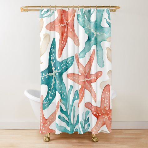 Get my art printed on awesome products. Support me at Redbubble #RBandME: https://www.redbubble.com/i/shower-curtain/Teal-Orange-Starfish-Beachy-Seashell-Pattern-by-SeaStarAlex/164509103.YH6LW?asc=u Orange Starfish, Seashell Pattern, Seashells Patterns, Pattern Shower Curtain, Teal Orange, Patterned Shower Curtain, Curtains For Sale, Starfish, Shower Curtains