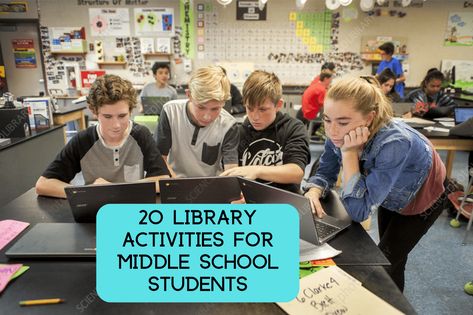 Getting tweens into the library to do library activities and explore books takes some creative thinking. Activities that are interactive, fun, challenging, Middle School Library Ideas, Library Activities For Middle School, Middle School Library Displays, Fun Library Activities, School Library Activities, Worksheets For Middle School, School Library Lessons, Library Games, School Library Displays