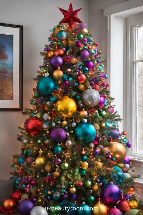 Color Light Christmas Tree Ideas, Jewel Coloured Christmas Tree, Christmas Tree Minimalist Simple, Colorful Xmas Tree, Silver Decorated Christmas Trees, Multicolored Lights Christmas Tree, Multi Color Christmas Tree Decorations, Fun Christmas Tree Themes, X Mas Decoration Ideas