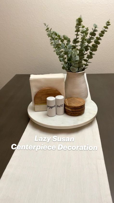 Kitchen Turntable Decor, Small Square Table Decor, Dining Table Organization Ideas, Grey Kitchen Table Decor Ideas, Minimalist Table Centerpiece For Home, Eat In Kitchen Table Decor, Center Table Dining Room Decor, Breakfast Nook Centerpiece Ideas, Boho Kitchen Table Centerpiece