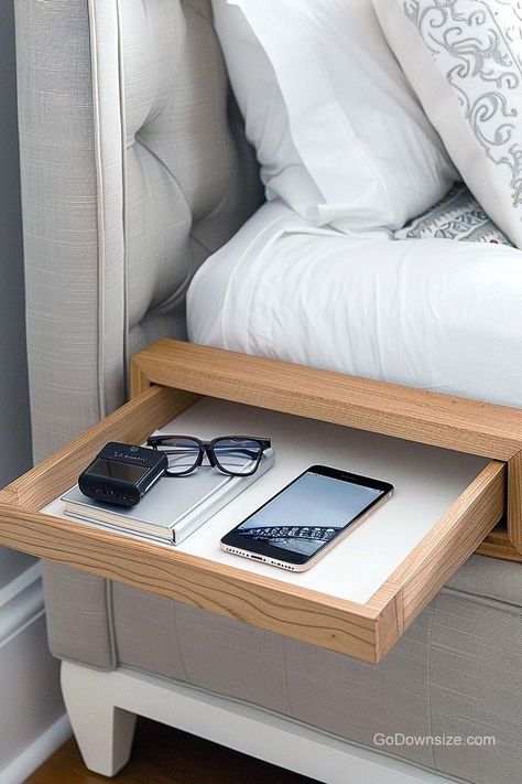 This retractable solid wood bedside shelf is a fantastic addition to any bedroom because it combines style and practicality. Practical Nightstand, Beside Bed Storage, Tiny Bedside Table Ideas, Storage Bedside Table, No Bedside Table Space, Bed Hidden Storage, Bedside Storage Limited Space, Space Saving Nightstand, Small Space Bedside Table Ideas