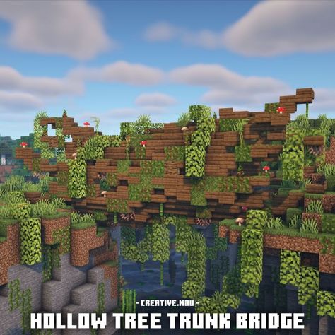 Swamp Bridge Minecraft, Enchanted Forest Theme Minecraft, Minecraft Spruce Base Ideas, Minecraft Tree Trunk, Minecraft Ceiling Light Ideas, Minecraft Tree Bridge, Minecraft Fallen Tree, Mossy Minecraft Builds, Minecraft Dragon Cave