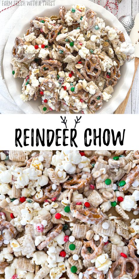 White chocolate reindeer chow in a bowl that is topped with Christmas sprinkles. Christmas Trash Recipe, Reindeer Chow Recipe, Christmas Snack Mix, Reindeer Chow, Chow Recipe, Puppy Chow Recipes, Christmas Baking Recipes, Chex Mix Recipes, Gluten Free Christmas