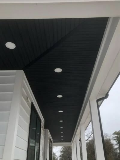 The Perfect Porch Ceiling - Extreme How To Black Porch Ceiling, Cedar Porch Ceiling, Charcoal Ceiling, Beadboard Porch Ceiling, Patio Ceiling Ideas, Porch Ceiling Lights, Deck Ceiling, Patio Ceiling, Modern Farmhouse Porch