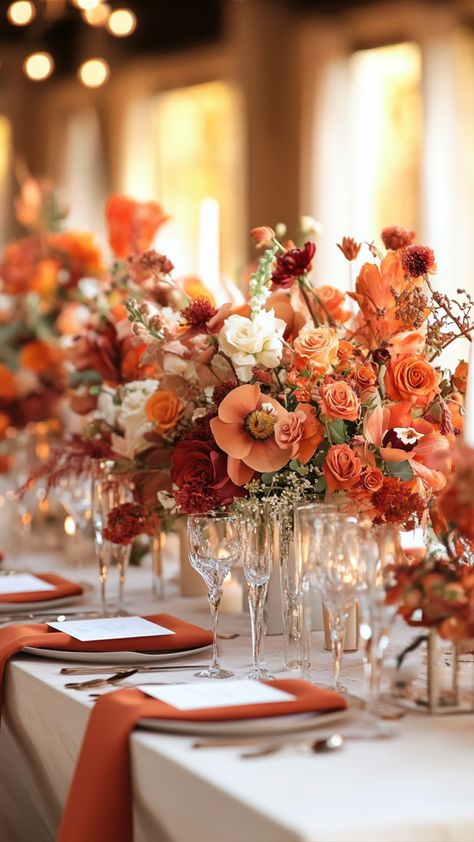 Elegant burnt orange wedding decor featuring rustic centerpieces, chic table settings, and stylish floral arrangements. Wedding Themes Burnt Orange, Copper And Orange Wedding, Burnt Orange Fall Wedding Decor, Burnt Orange Terracotta Wedding, Terracotta Candles Wedding, Wedding Color Burnt Orange, Burnt Orange Wedding Reception Ideas, Burnt Orange Decor Wedding, Ivory And Burnt Orange Wedding