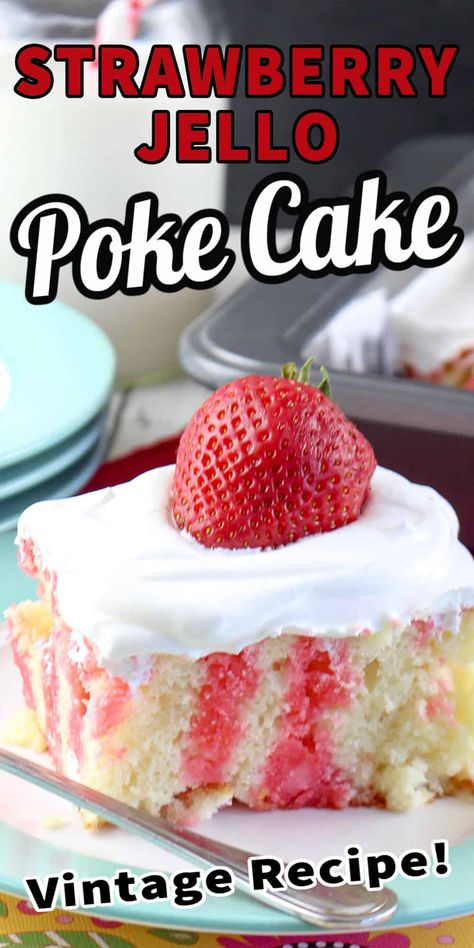 This Strawberry Jello Poke Cake is cool and light - and the sweetness comes from the berries. Plus, it's a very simple recipe, one made with a box cake mix. Strawberry Jello Poke Cake, Strawberry Cake Design, Jello Cake Recipes, Jello Poke Cake, Poke Cake Jello, Delicious Strawberry Cake, Poke Cake Recipe, Boxed Cake Mixes Recipes, Jello Cake