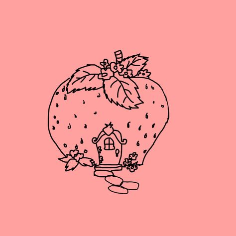 Strawberry Mushroom Tattoo, Journal Tattoo Ideas, Strawberry Shortcake Drawings, Strawberry Shortcake House Tattoo, Cozy Tattoo Ideas, Strawberry Basket Tattoo, Cute Drawings Strawberry, Strawberry Shortcake Tattoos, Strawberry Art Illustration