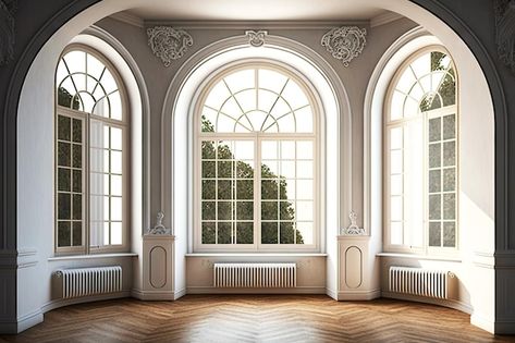 Large French Windows, Arch Window Design, Interior Design New Classic, Georgian Bedroom, Palace Background, Large Windows Living Room, Dome Room, Arch Windows, Window Background