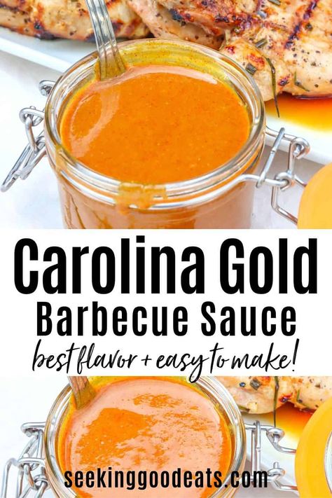 This Carolina Gold BBQ Sauce has the perfect tangy, sweet, and smoky flavor. Think honey mustard with a bit of smoke and spice and a whole lotta tang. Y'all are gonna love it! Carolina BBQ sauce is a mustard BBQ sauce that is super simple to make and tastes great on pork, fish, chicken, lamb, and beef. Kids love it with chicken tenders, hot dogs, bratwurst and burgers. Carolina Gold Sauce is the perfect BBQ sauce recipe for your next grilling cookout! #BBQsauce Carolina Gold Bbq Sauce Recipe, Mustard Bbq Sauce Recipe, Carolina Gold Sauce, Carolina Gold Bbq Sauce, Gold Bbq Sauce, Gold Sauce, Carolina Bbq, Carolina Bbq Sauce, Mustard Bbq Sauce