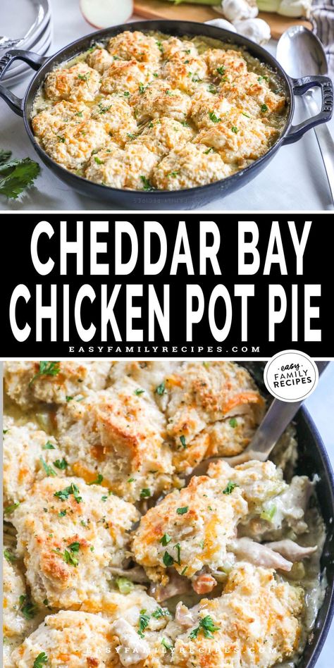 Easy comfort food! This Cheddar Bay Biscuit Chicken Pot Pie has the best combination of flavors! With a creamy chicken and veggie filling topped with cheesy biscuits, and cooked until bubbling and golden-lidded, it’s so delicious. With a couple of easy shortcuts, this homemade cheddar bay chicken pot pie takes only 20 minutes hands-on prep and 20 minutes to bake. This easy chicken pot pie recipe is perfect for busy weeknights and the whole family will love it! Chicken Pot Pie Bisquick Crust, Chicken Pot Pie Stuffed Biscuits, Cracked Chicken Soup With Cheddar Bay Biscuit Topping, Chicken Pot Pie Rice Casserole, Easy Cozy Dinner Recipes, Cheddar Bay Biscuit Chicken Pot Pie, Lazy Chicken Pot Pie, Cheddar Bay Chicken, Quick Chicken Pot Pie