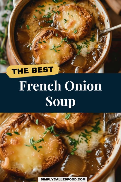 Savor the flavors of French cuisine with our easy French onion soup recipe. This rich and tasty dish is simple and quick to make, ideal for any diet. Using healthy, best-quality ingredients, it's a staple of hearty comfort food. You can prepare French onion soup in a Crock Pot, Instant Pot, slow cooker, or stove top, according to cookware preferences. This delicious, homemade soup brings France to your kitchen. For the French onion soup recipe and other soup recipes, visit SimplyCalledFood.com. Easy French Onion Soup Recipe, Easy French Onion Soup, Best French Onion Soup, Classic French Onion Soup, Onion Soup Recipe, Sweet Onions, French Onion Soup Recipe, Onion Soup Recipes, Melty Cheese