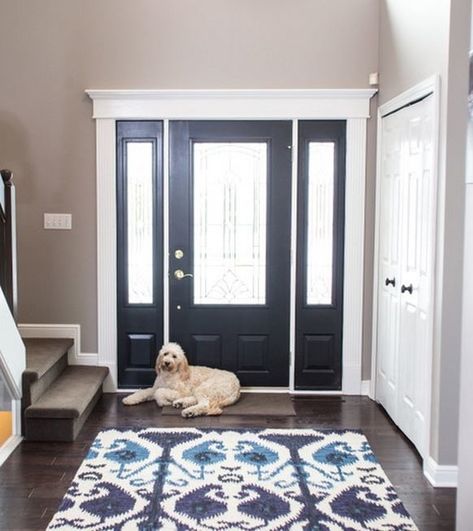 Trim colour around interior of new front door Entryway Door Trim, Inside Front Door Black, Inside Front Door Paint, Front Door Trim Ideas Interior, Front Door Colors Inside, Entryway Door Interior, Paint Inside Of Front Door, Door Trim Ideas Moldings, Painted Interior Front Door