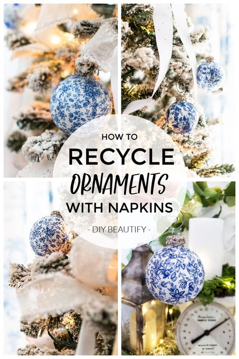 See Christmas Ornaments, Diy Napkin Ornaments, Crafts With Old Christmas Ornaments, Decorating Clear Christmas Ornaments, Paper Napkin Ornaments, Wallpaper Ornaments Diy, Repurposing Christmas Ornaments, Repurpose Old Christmas Ornaments, Trending Ornaments 2023