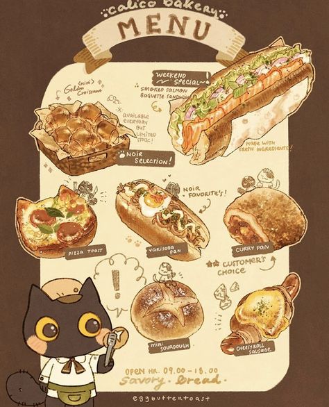 Cute Food Art Wallpaper, Vintage Cooking Aesthetic, Fantasy Food, Food Business Ideas, Recipe Drawing, Food Doodles, 귀여운 음식 그림, Bakery Menu, Food Drawings