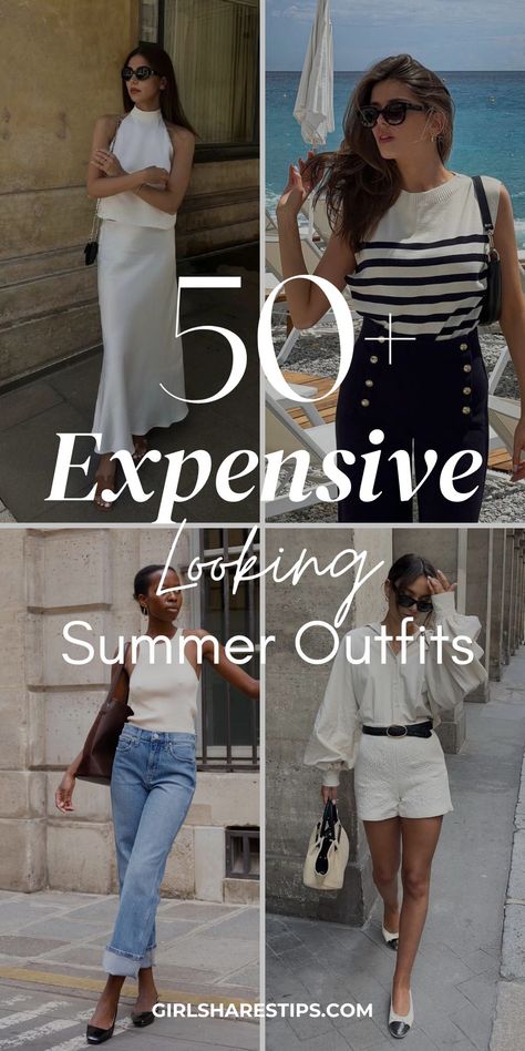 50  Simple Chic Summer Outfits to Look Expensive and Elegant | Summer Fashion Trends Raining Outfit Summer, Luxury On A Budget Fashion, Sophisticated Summer Outfits Casual, Expensive Looking Outfits Summer, Rich Mom Aesthetic Outfits Summer, Elegant Summer Looks, Summer Old Money Style, Vacation Outfits Minimalist, Old Money Vacation Outfits Women