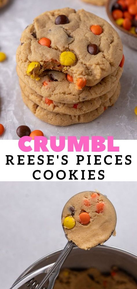 Crumbl Peanut Butter, Reese's Pieces Cookies, Cookie Ingredients, Crumble Cookie Recipe, Reese's Pieces, Brown Hairstyles, Cookie Base, Chewy Peanut Butter Cookies, Hair Color Brown