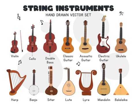 String instruments vector set. Simple cute violin, cello, double bass, classic, acoustic guitar, ukulele, harp, lyre, banjo stringed musical instrument clipart cartoon style, hand drawn doodle drawing Rondalla Instruments Drawing, String Instruments Drawing, Double Bass Aesthetic, Lyre Drawing, Musical Instruments Aesthetic, Classical Music Instruments, Sitar Instrument, Instrument Clipart, Strings Instrument