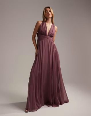 ASOS DESIGN Bridesmaid ruched bodice drape maxi dress with wrap waist in mauve | ASOS