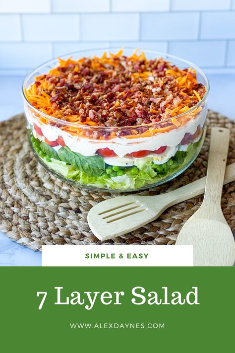 This traditional seven-layer salad is an easy recipe is a potluck specialty. It’s great for feeding a crowd and it’s high protein since it is loaded with cheese, bacon, and eggs. The creamy homemade dressing has an amazing flavor. It’s a great make-ahead recipe! This 7 layer salad perfect for parties, picnics, and potlucks. I love making this recipe during the summer months too! Make it with me! Seven Layer Salad Dressing Recipe, Easy Food Dishes, 7 Layer Salad, Layer Salad, Seven Layer Salad, Layered Salad Recipes, Baked Cabbage, Recipes Salads, Pork Chop Recipes Baked