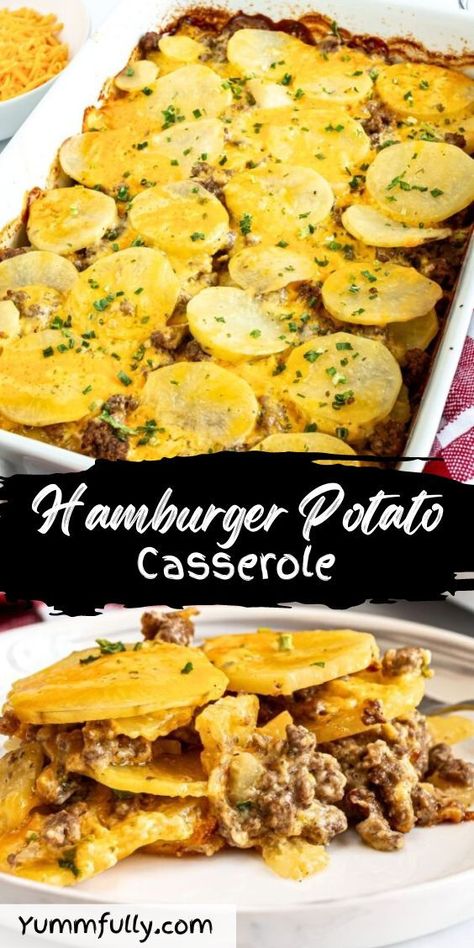 This is the perfect recipe for meat and potato lovers. Ground beef, sliced potatoes, and bechamel sauce with cheddar cheese make a delicious Hamburger and Potato Casserole your whole family will enjoy! Hamburger And Potato Casserole, Hamburger Potato Casserole, Hamburger And Potatoes, Ground Beef And Potatoes, Easy Hamburger, Hamburger Casserole, Beef And Potatoes, Potatoe Casserole Recipes, Ground Beef Recipes For Dinner