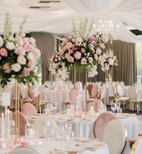 Soft Pink And Champagne Wedding, Light Pink Wedding Reception Decorations, Light Pink And White Flower Centerpieces, Pink And White Outdoor Wedding, Dust Pink Wedding Decor, Tall Pink Wedding Centerpieces, Pale Pink And Gold Wedding, White And Pastel Pink Wedding, Gold And Pink Wedding Decorations