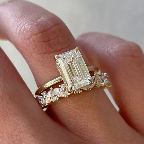 Sparkle Yellow Gold Emerald Cut Women‘s Wedding Ring Set In Sterling Silver Dream Wedding Ring, Ring Inspo, Cute Engagement Rings, Future Engagement Rings, Stackable Wedding Bands, Emerald Cut Engagement, Solitaire Rings, Sterling Silver Wedding Band, Emerald Cut Rings