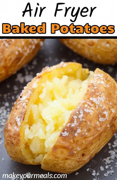 How to make Air Fryer Baked Potatoes - steakhouse quality potatoes made in a fraction of the time. #airfryer #bakedpotatoes #potato #recipe #easy #sidedish #steak #idea #healthy #steakhouse #makeyourmeals Air Fryer Baked Potato, Making Baked Potatoes, Air Fryer Cooking Times, Cooks Air Fryer, Air Fried Food, Air Fryer Oven Recipes, Baked Potato Recipes, Air Fry Recipes, Diner Recipes