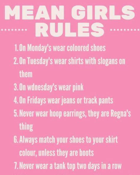 Mean Girls Rules, Mean Girl Aesthetic, Pink Y2k Outfit, Mean Girls Aesthetic, Mean Girls Outfits, Wednesday Outfit, Mean Girl Quotes, Mean Girls Movie, Y2k Icons