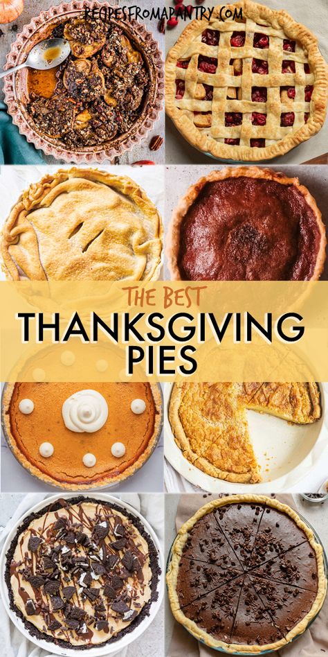 Easy Thanksgiving pies are the best part of a holiday menu and Thanksgiving table. These fall pies and other Thanksgiving desserts make great prep ahead desserts, brunch treats or even breakfast treats for everyone. Homemade Thanksgiving pies can be made ahead and stored for ease. Includes Pumpkin Pie, Apple Pie, Chocolate Pie, Banana Pie and Cranberry Pie. Get the Best Pies for Thanksgiving here. #Thanksgiving #pies #dessert #fall Thanksgiving Pie Flavors, Pies To Make For Thanksgiving, Chocolate Thanksgiving Pie, Pie Dish Recipes, Cinnamon Pumpkin Pie, New Thanksgiving Recipes Dessert, Chocolate Pie Thanksgiving, Apple Pie Recipe Easy Canned Filling, Best Pie For Thanksgiving