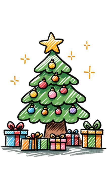 A charmingly sketched Christmas tree, brimming with festivity, adorned with colorful baubles in shades of pink, red, blue, and purple. The tree is crowned with a bright yellow star, and its boughs are lovingly detailed. Below, a collection of gift boxes wrapped in cheerful colors and diverse sizes sit, suggesting a joyful Christmas morning. Christmas Tree With Presents Drawing, Cute Xmas Tree Drawing, Drawing Related To Christmas, Xmas Tree Drawing For Kids, Christmas Tree Drawings Easy, Sketch Christmas Tree, Happy Holidays Drawing, Things To Draw Christmas Themed, Aesthetic Christmas Tree Drawing